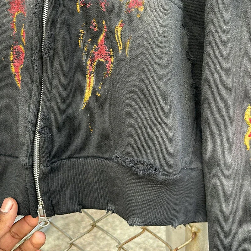OEM Streetwear Custom Heavyweight Printing Pattern Oversized Sun Faded Cotton Terry Vintage Cropped Acid Wash Zip up Hoodies Men gallery 2
