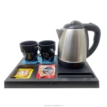 commercial black Double-Wall 304 stainless steel hotel electric kettle welcome tray set for guest room