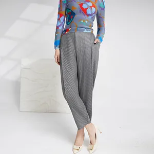Miyake Pleated Trousers Ladies Casual Style Pleated Elastic Stretch Skinny Pants Fashion Design Harem Pants