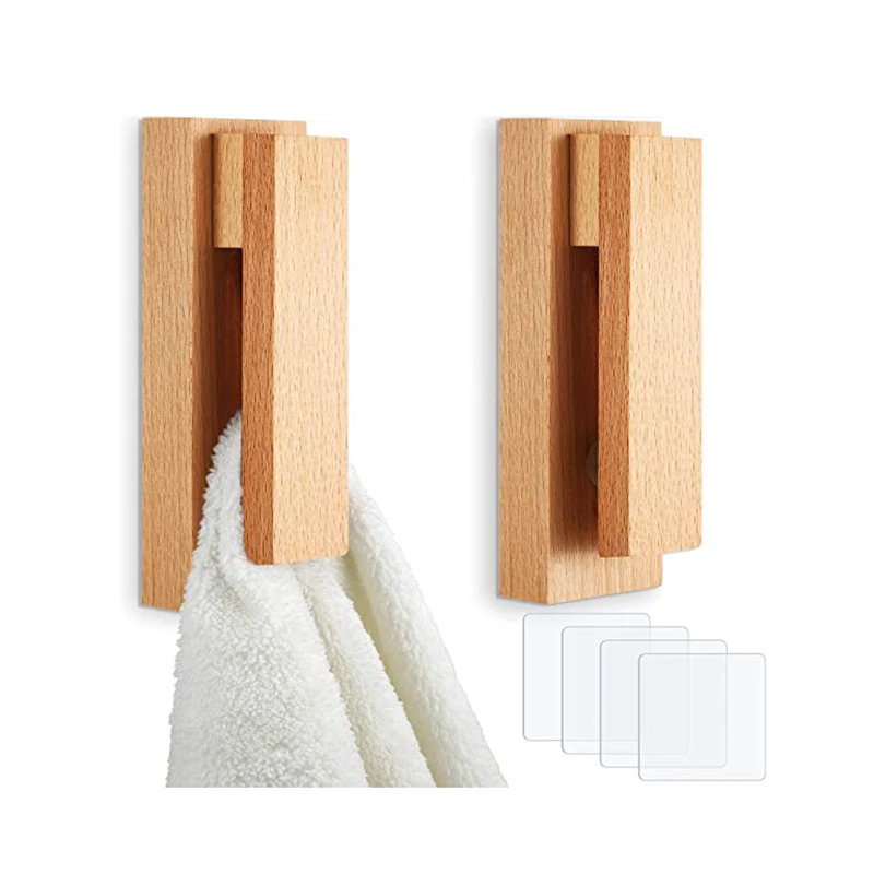  Wood Towel Hooks -Set of 2 Self Adhesive Vintage