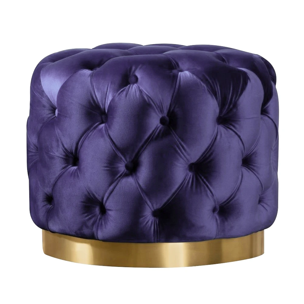 Modern Round Upholstered Velvet Fabric Tufted Gold Metal Finish Ottoman With Tufted Button