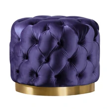 Modern Round Upholstered Velvet Fabric Tufted Gold Metal Finish Ottoman With Tufted Button