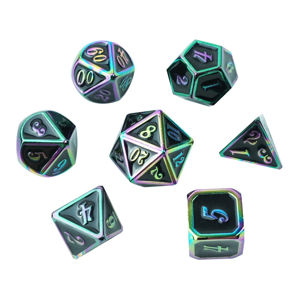 Professional Custom Dnd Polyhedral Dice Set 7pcs Metal rainbow Digital Dices 4d 6d 8d 10d 12d 20d Black Paint for Casino Game
