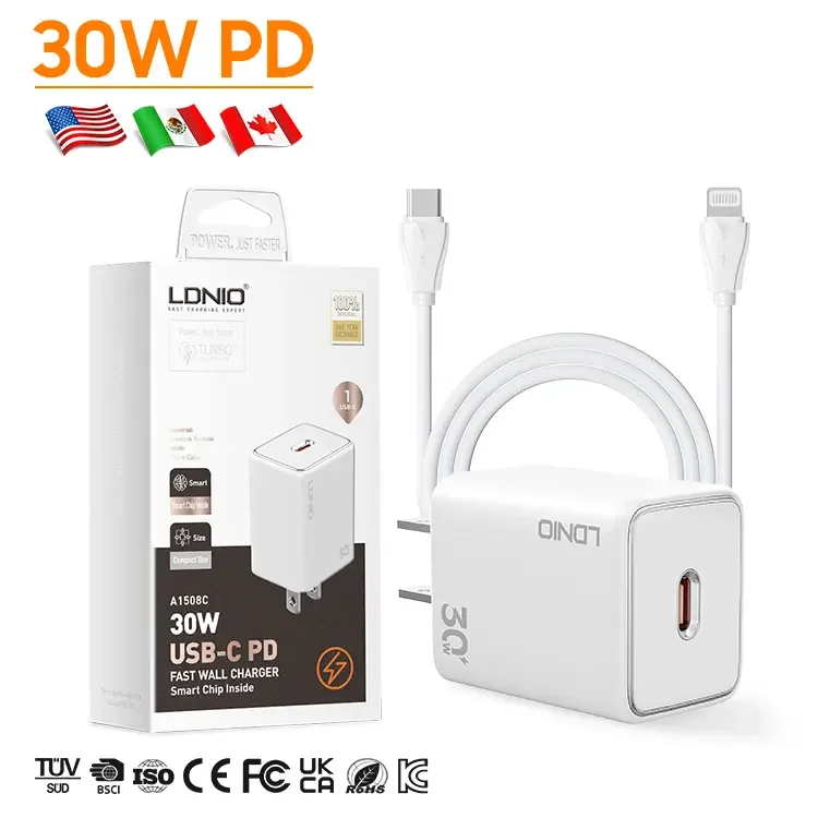 LDNIO - Cargador de Pared carga rápida PD USB-C de 30W p/iphone A1508C