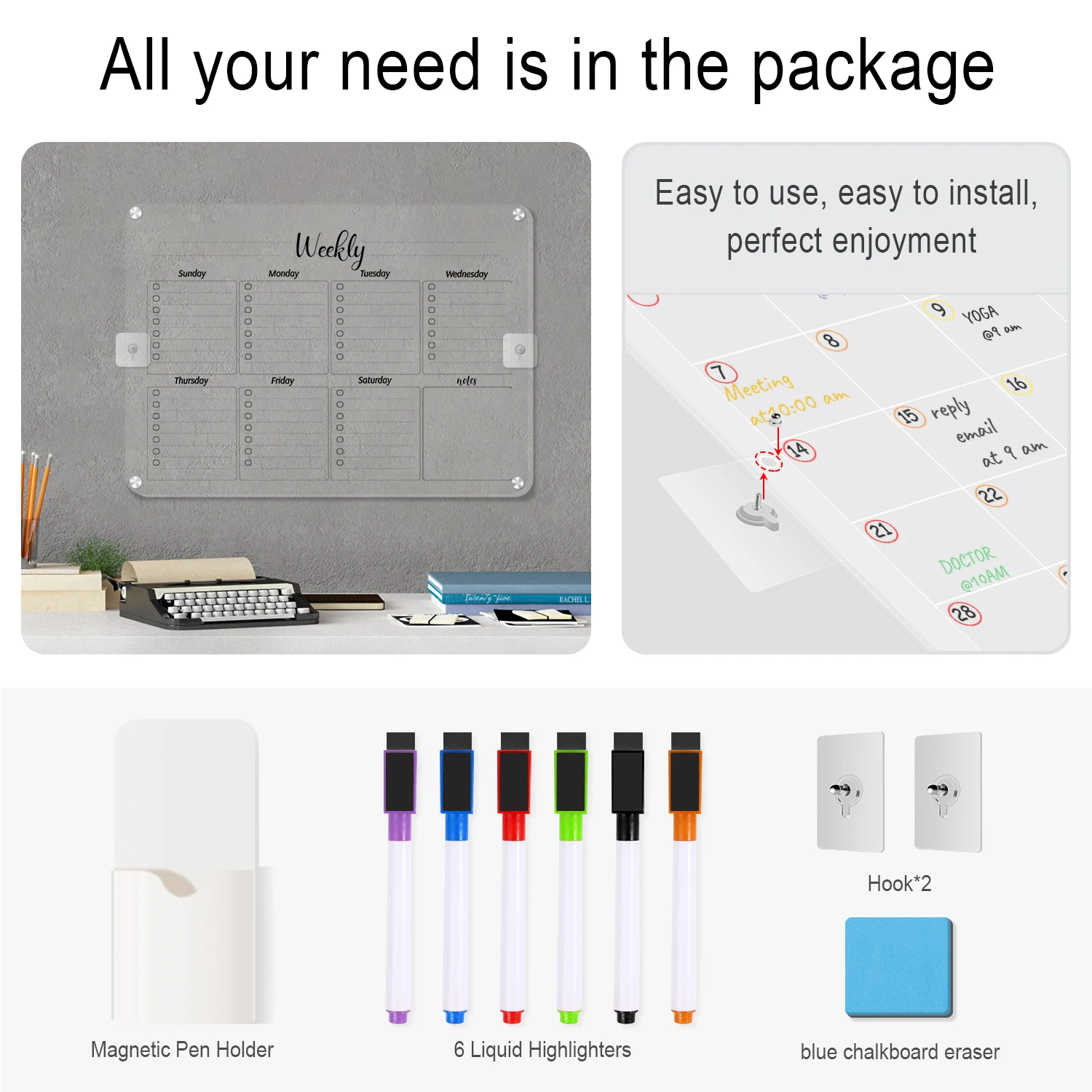 2 Set Acrylic Magnetic Dry Erase Fridge Calendar for Clear Weekly Planner Board Reusable With Markers Holder Eraser