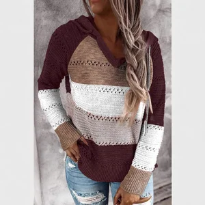 Women's New Fashion Gradient Color-Block Casual Long-Sleeve Knitted Hooded Sweater Breathable Design Sexy Style Autumn Striped