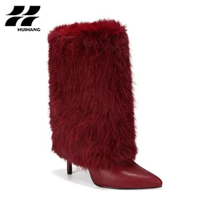 Women's Charming High-Heel Mid-Calf Boots Leopard Print Faux Fur Cuffs Pointed Toe High Top Design Comfortable Thermal Winter