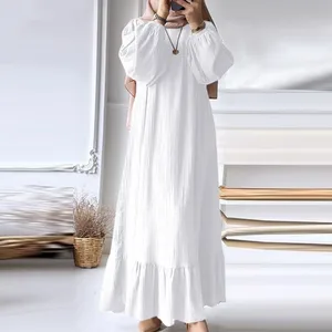 New Wholesale Muslim Women's Robe Fashion Long Sleeve Retro Solid Color Ruffled Hem Dress