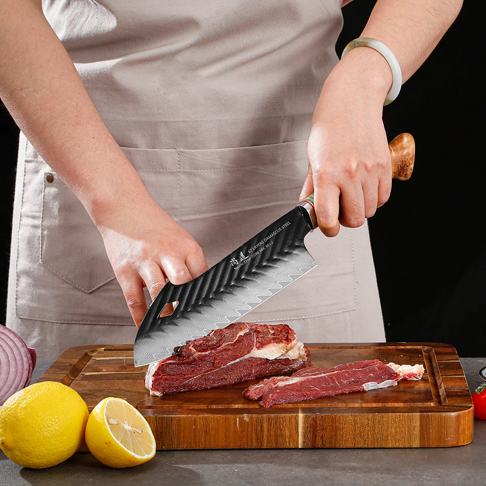 SHANGDAO 7,5 Zoll Santoku-Messer, Kochmesser, Profi-Küchenmesserset mit Harzgriff, 67 Lagen Damaststahl und Lederscheide_voghion.com