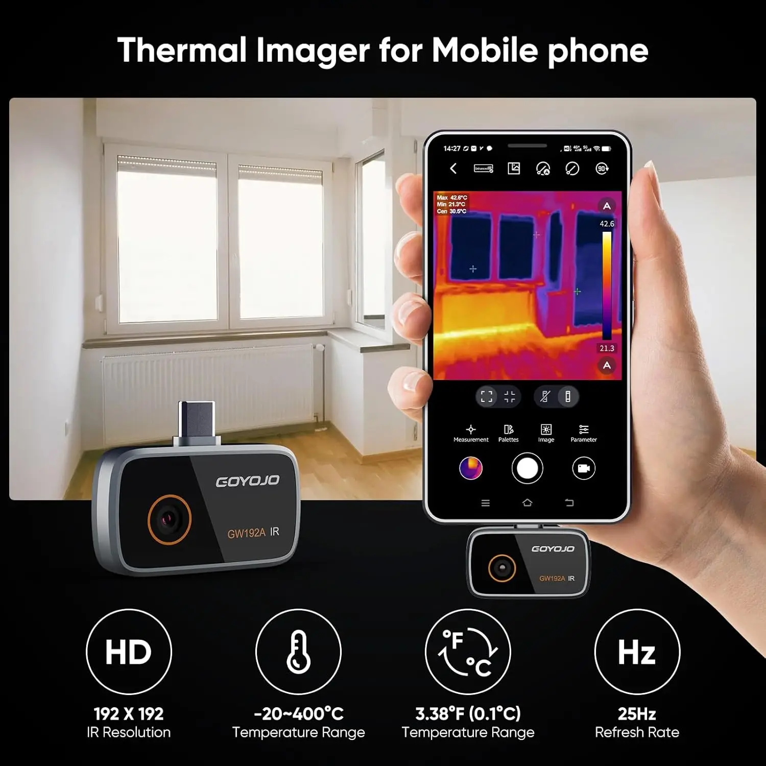 Camera Thermique USB-C, Résolution IR 192×192, Angle Large de 50