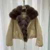 khaki+Brown fox fur collar