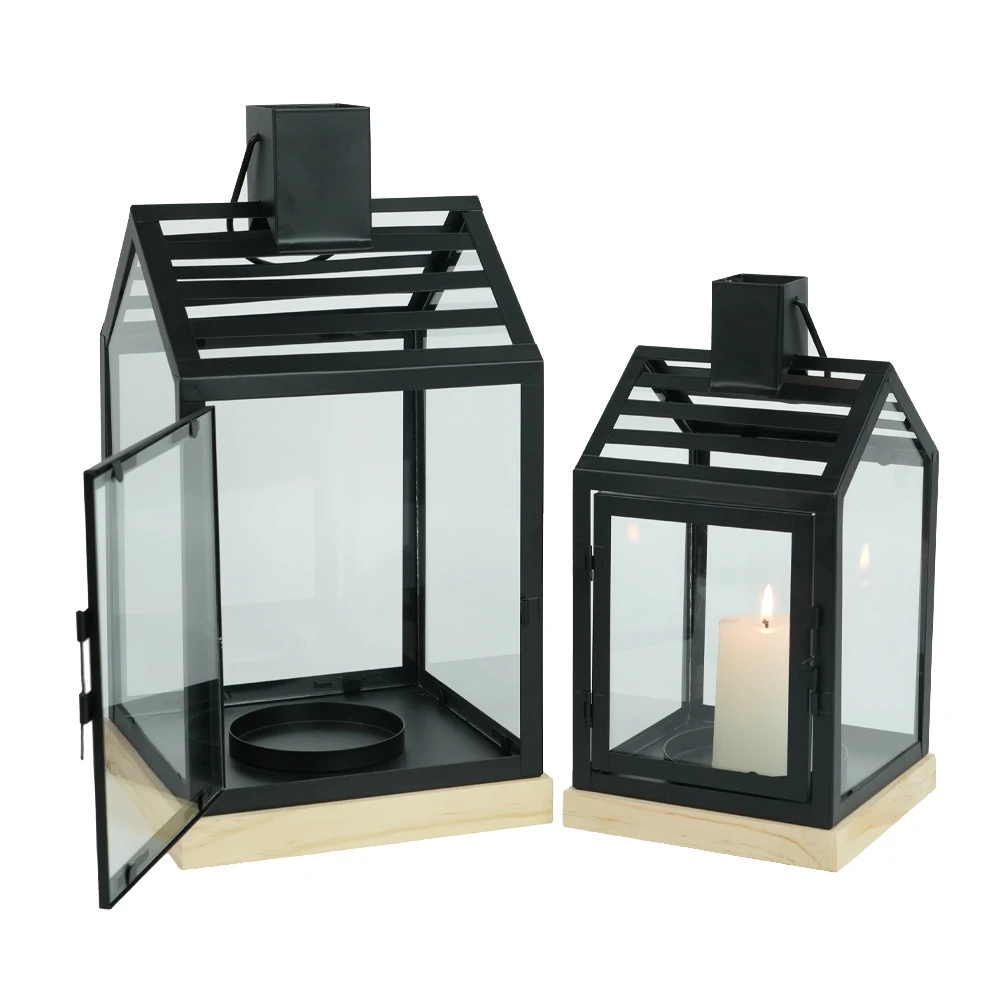 Set of 2 House Design Metal Lantern with Wooden Base Glass Panels Lanterns