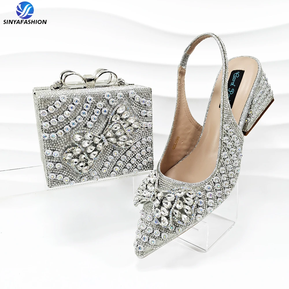 Sinya Flower Shoes Bag Set With Stones Beautiful Italian Shoes to Match Bag Set Women Party Shoes Set