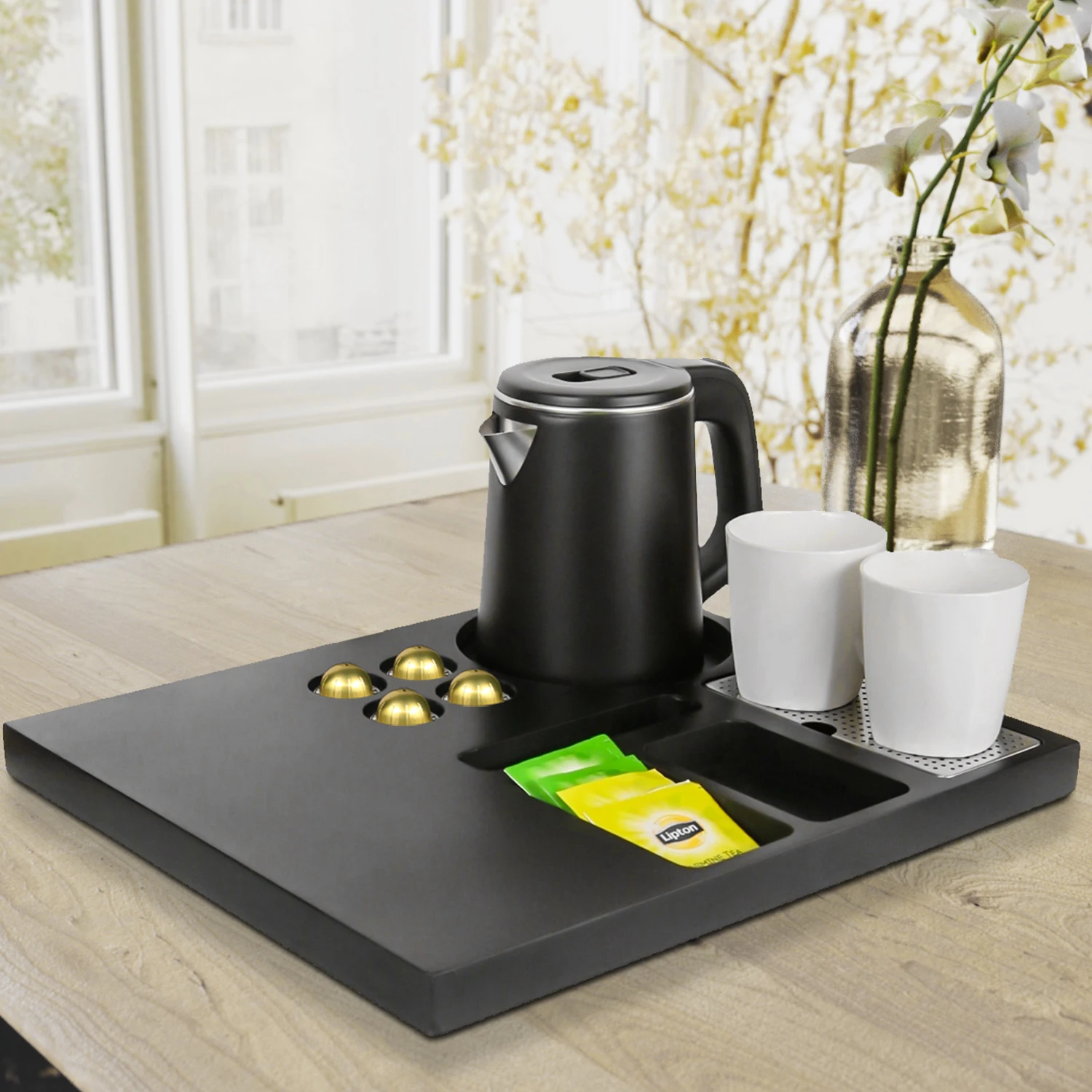 Hotel Electric Kettle Service Tray Set for Guest Room Kettle With Tray K Cup Coffee Pod Storage Tray