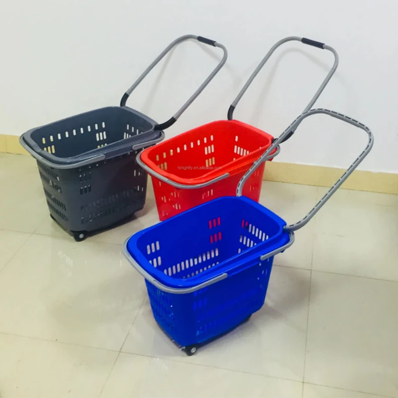 Supermarket 50L Rolling Trolley with Plastic Handle 4 Wheels Shopping Basket Plastic Basket Supermarket Shopping Basket manufacture