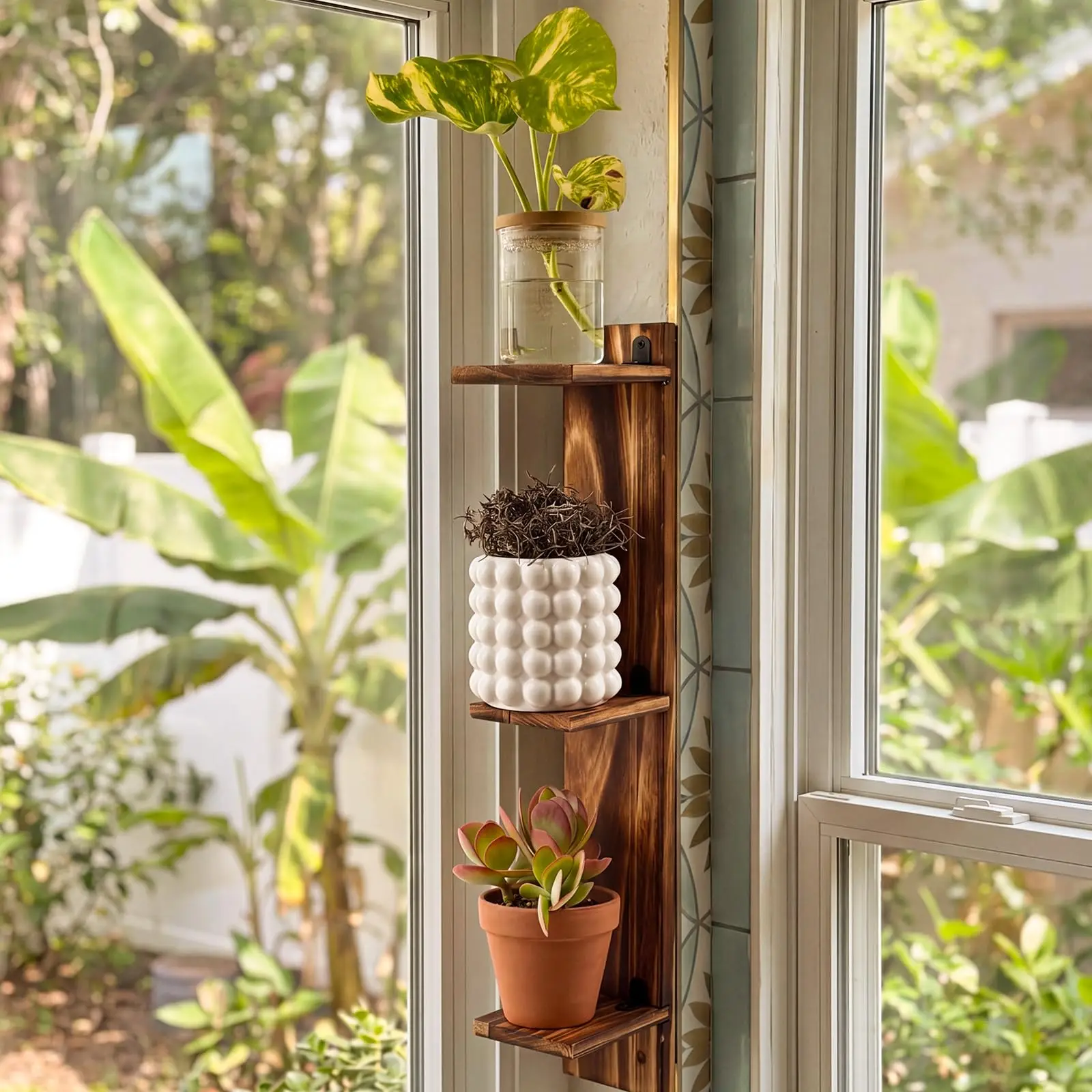 product wall plant shelf 3 tier rustic wood corner plant stand window wall mount space saving indoor plant holder for living room decor-3