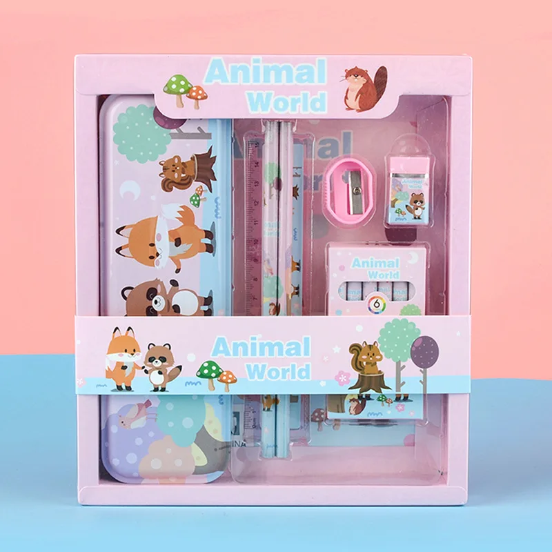 Portable Cheap 6-In-1 Cartoon Kindergarten School Stationery Set with Gift Package for Children Back to School