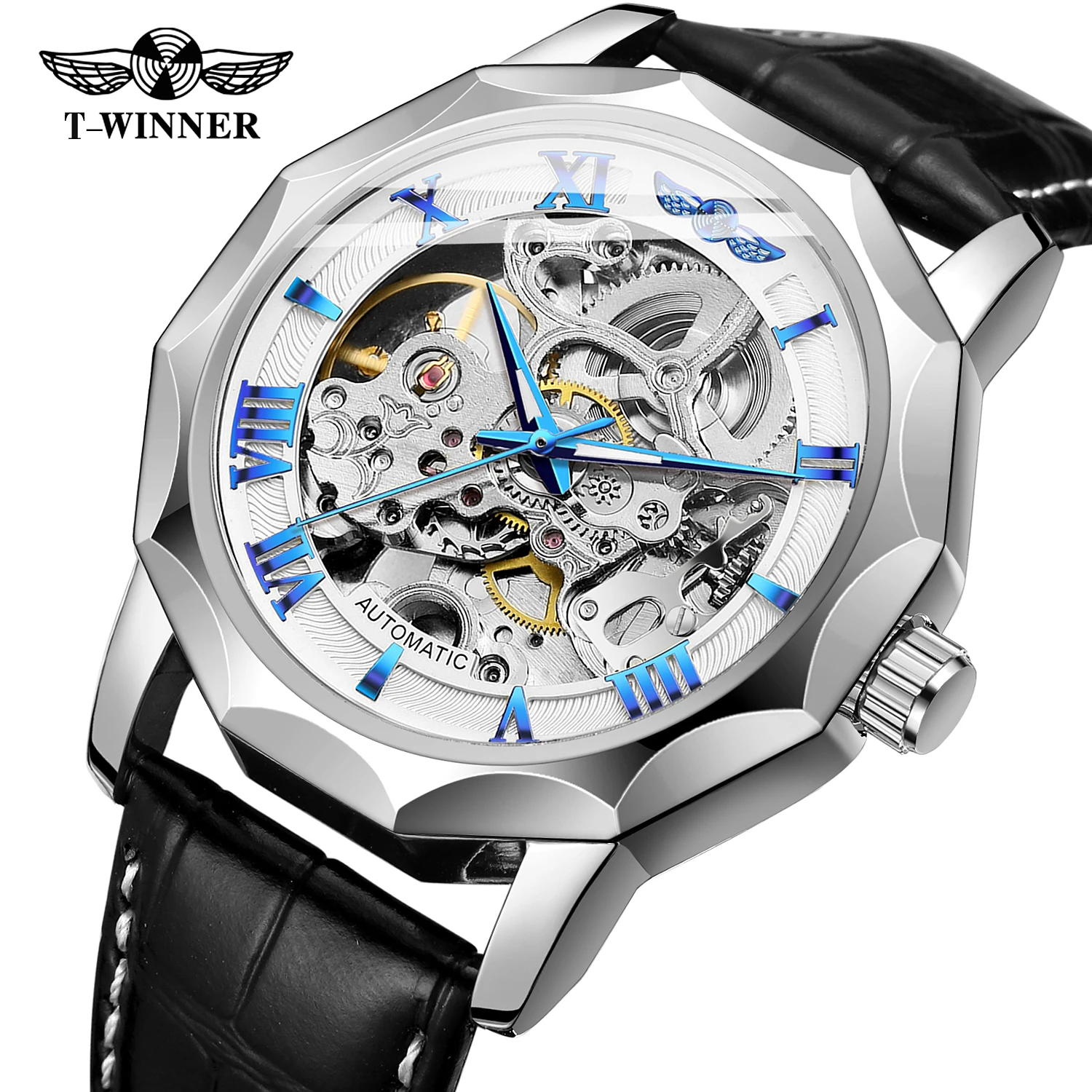 Men's Shanghai Automatic Skeleton Watch with Alarm New Genuine Leather Strap Charm Style