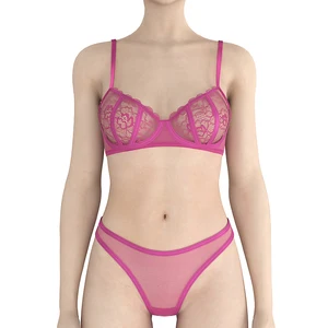 Women's Sexy 3/4 Cup Embroidered Lace Bra & Thongs Brief Set Low-Rise with Bow & Logo on Waist for Spring and Summer
