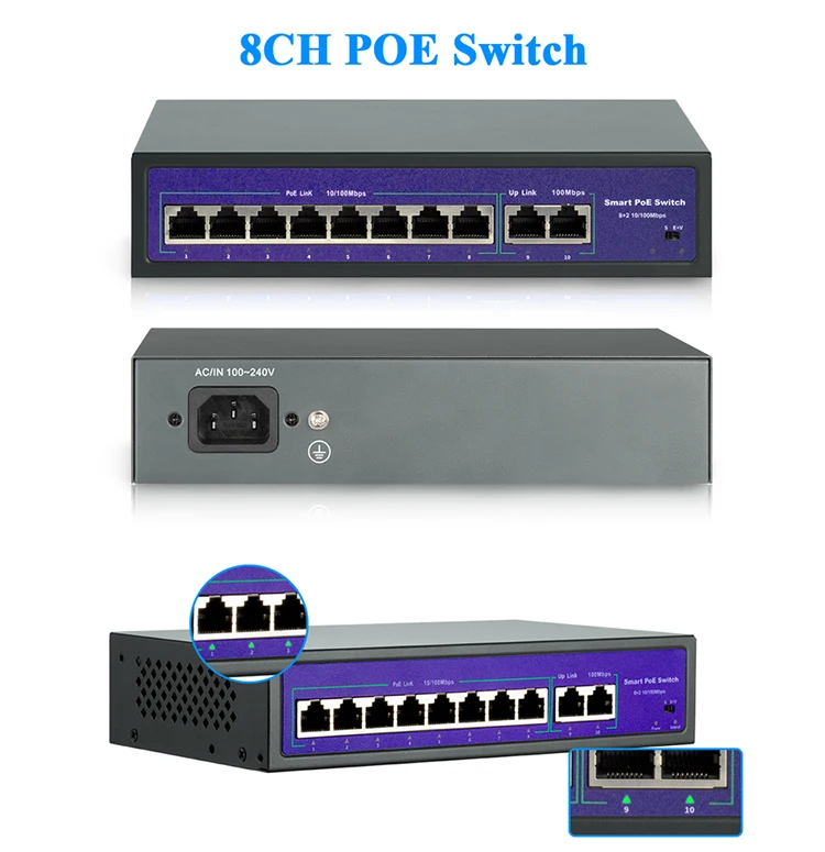 8 Port Network Poe Switch For Ip Nvr System With 10/100mbps