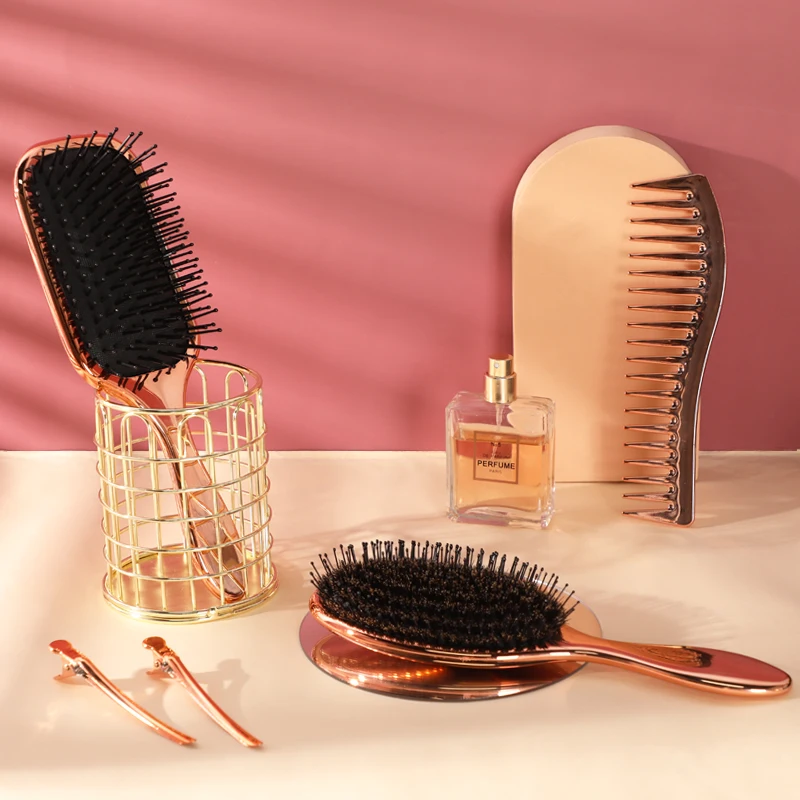 Rose Gold 5 in 1 Packing Colorful Boar Paddle Brush Ceramic Detangling Hairbrush Hair Extension Brush With Clip and Comb Set