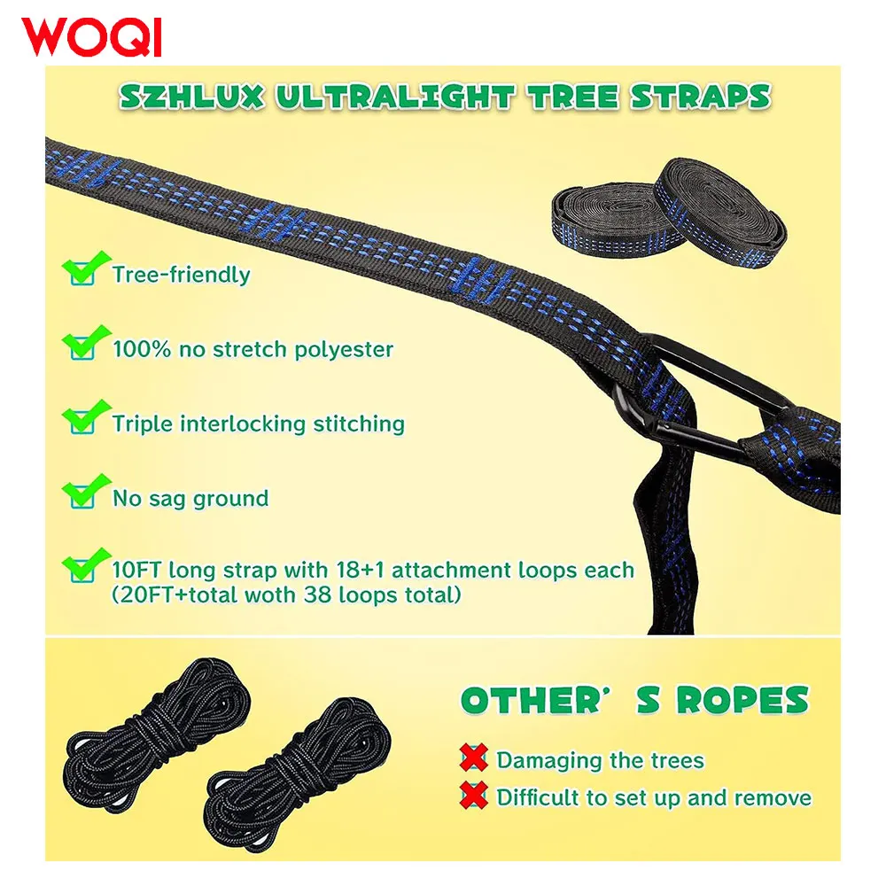 WOQI Single and Double Portable Durable Lightweight Nylon Camping Hammock Suitable for Indoor and Outdoor Use with Tree Straps