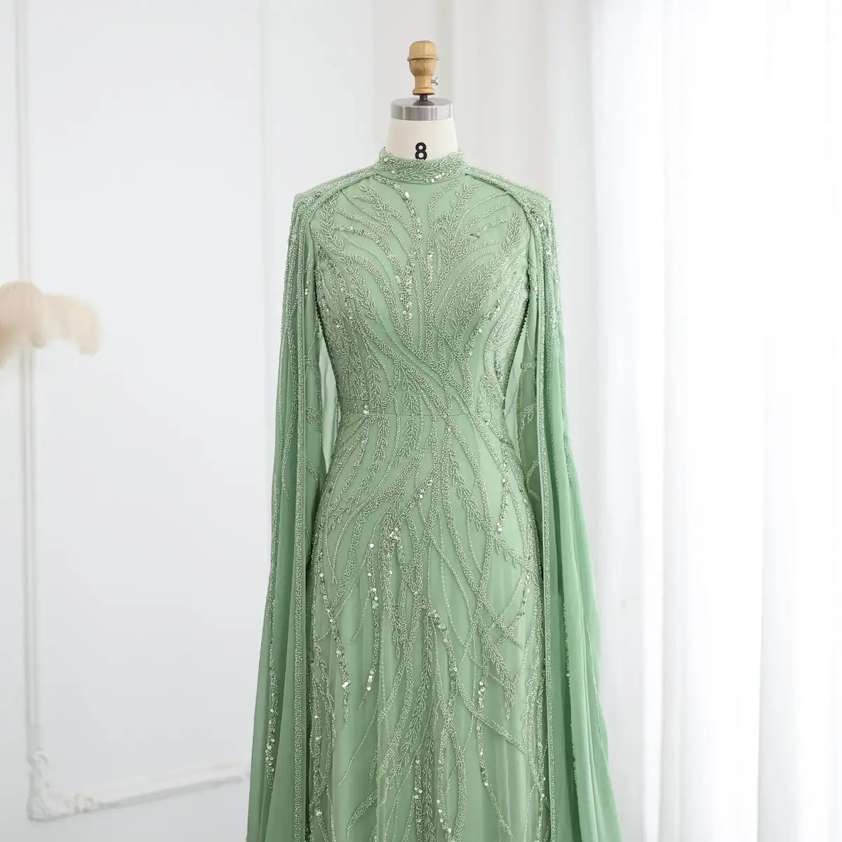 Luxury Sage Green Muslim Evening Dress with Cape Long Sleeves LA72413