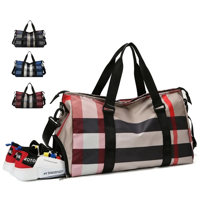 Fashion Check Pattern Wholesale Lady Hand Carry Durable Waterproof Women  Sport Gym Duffle Travel Bag with Shoe Compartment