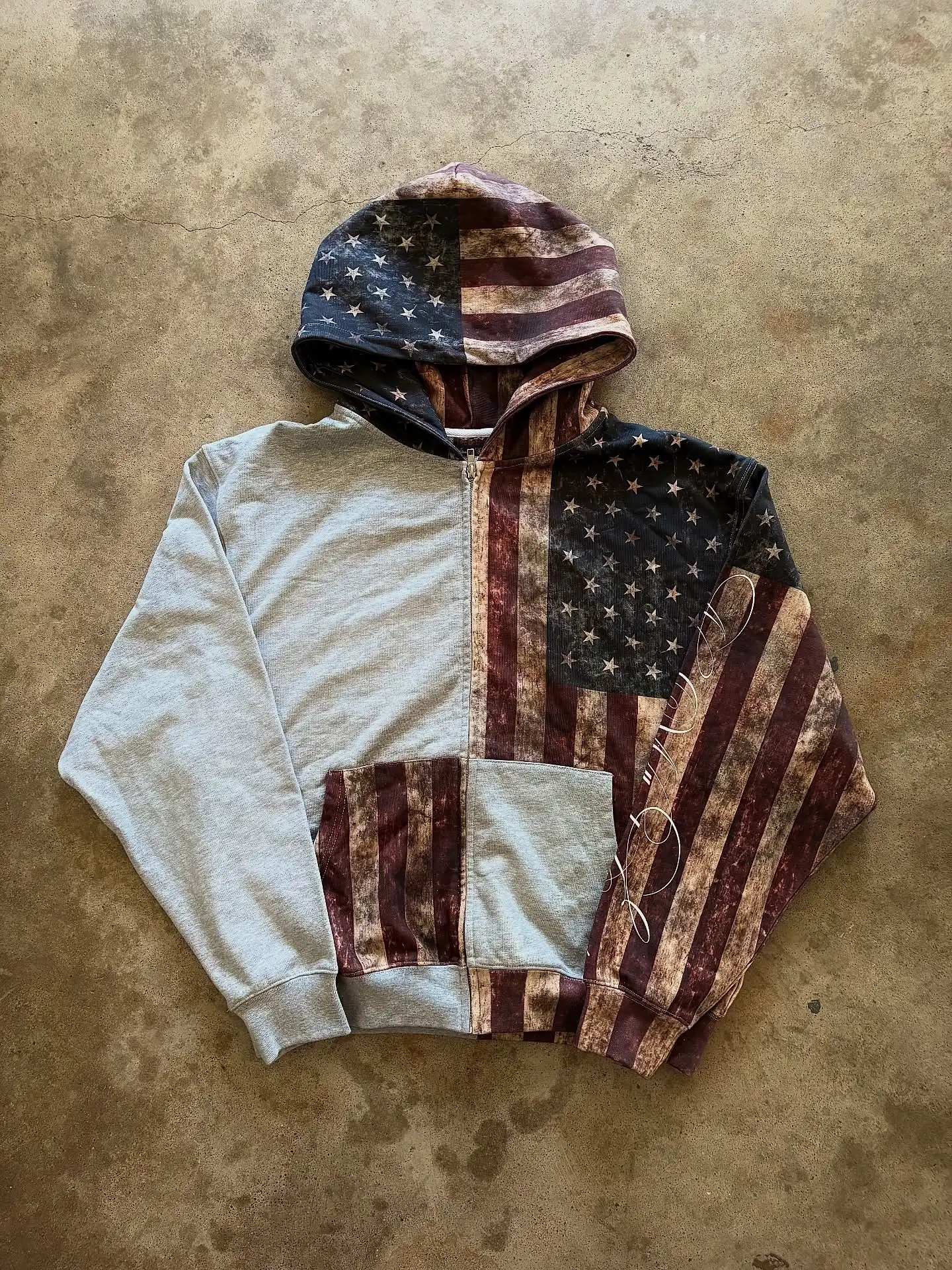 Custom Manufacturer 100% Cotton Zipper Applique Stitching Heavyweight Distressed Patch Cut and Sew Patchwork Men Zip up Hoodie gallery 2