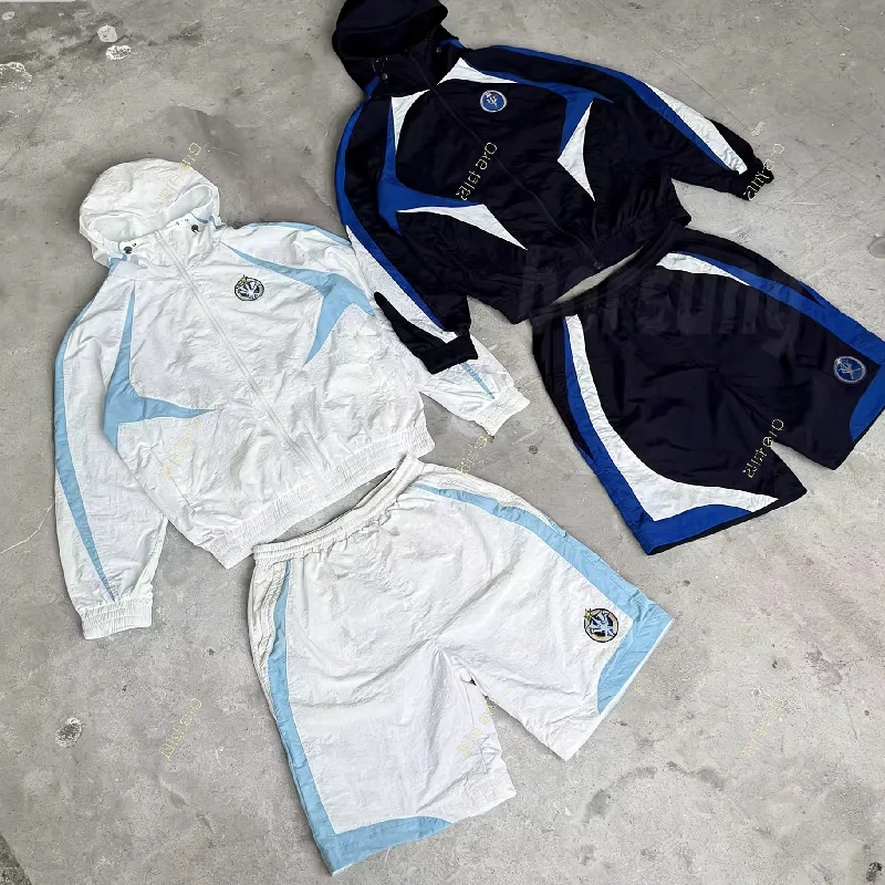 Wholesale Oem Waterproof Track Suits Mens Color Blocked Polyester Nylon Jacket and Shorts Windbreaker Set Manufacturers for Men