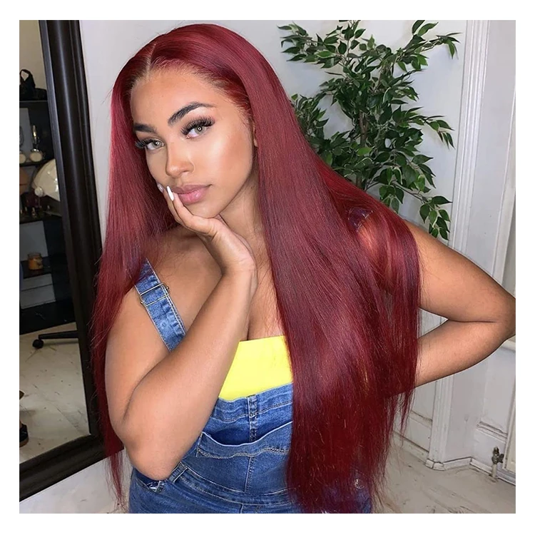 40 Inches Red Color Silky Straight Cuticle Aligned Human Hair Lace Frontal Wigs With Baby Hair
