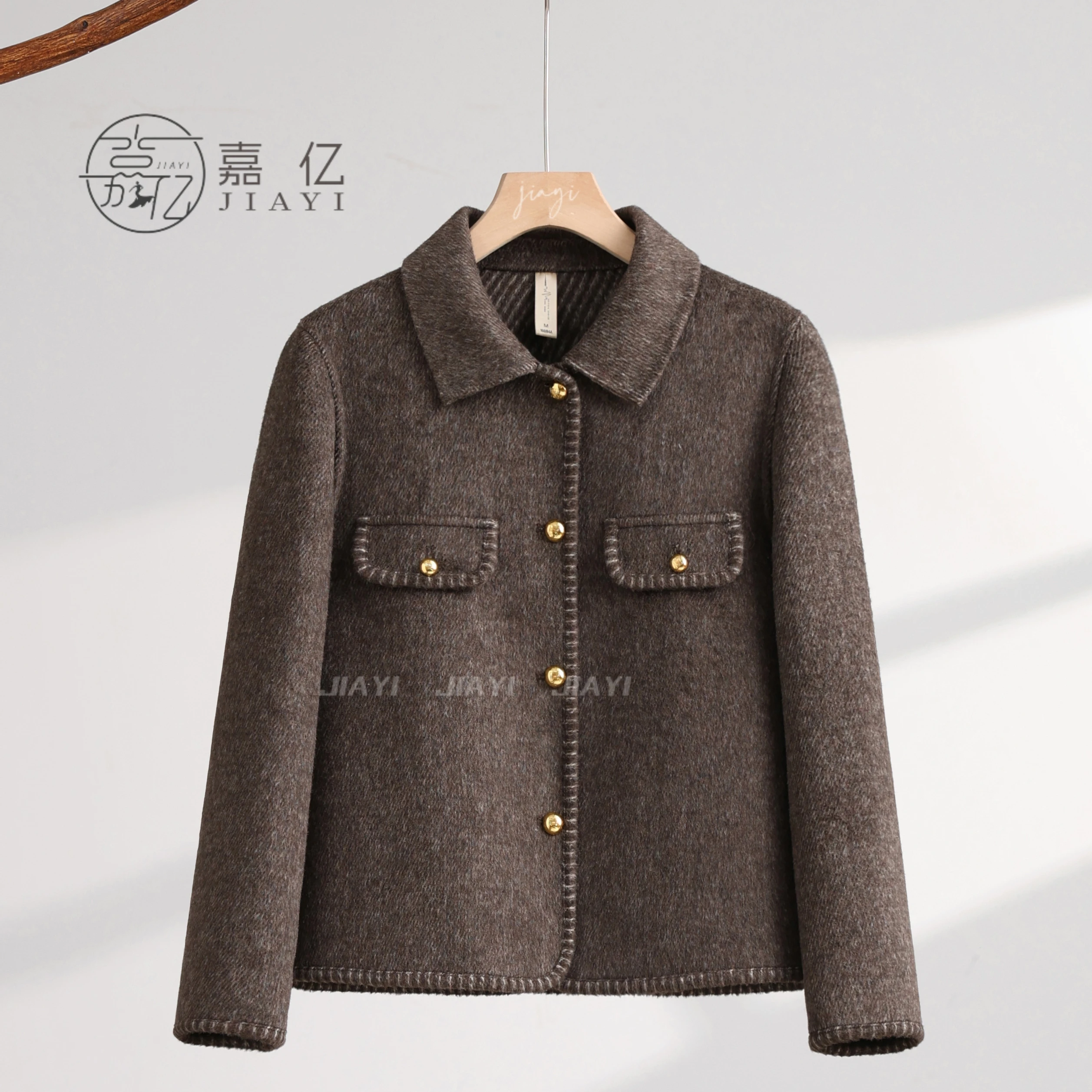 Elegant Women's Long Winter Quilted Wool Coat with Double-Breasted Cashmere Closure Logo Decoration Ground Color-New Collection