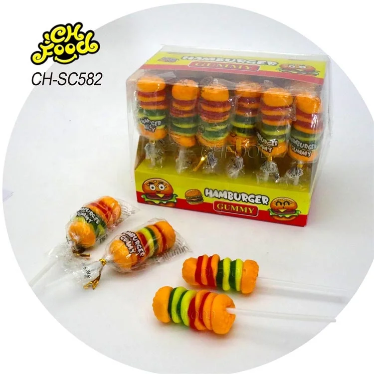 Hot Halal Hamburger Gummy Jelly Lollipop Candy Sweets Wholesale and Custom Children Food Snack
