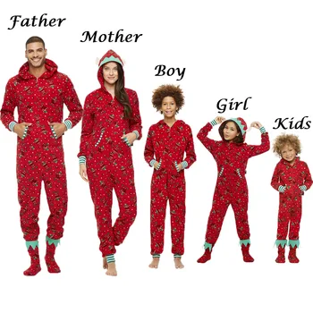 For Family Christmas Matching Clothes Women Men Kid Nightwear Xmas Home Wear Romper Hooded Party Sleepwear