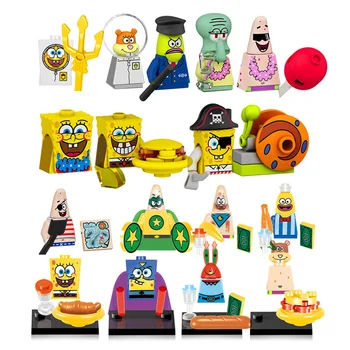 Hot Selling Cartoon Mini Animation Building Block Toy Model Figures the Square Pants Sponge Assembled and Made of Plastic