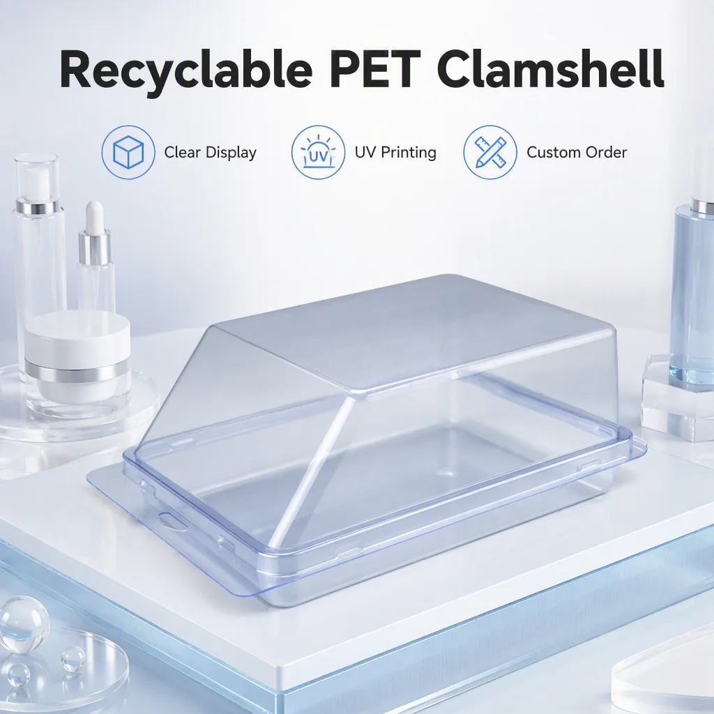Flip-Fold Clamshell Blister Packaging Blush Cosmetic Recyclable PET 0.25-0.7mm Thickness Customizable OEM Options UV/Embossing