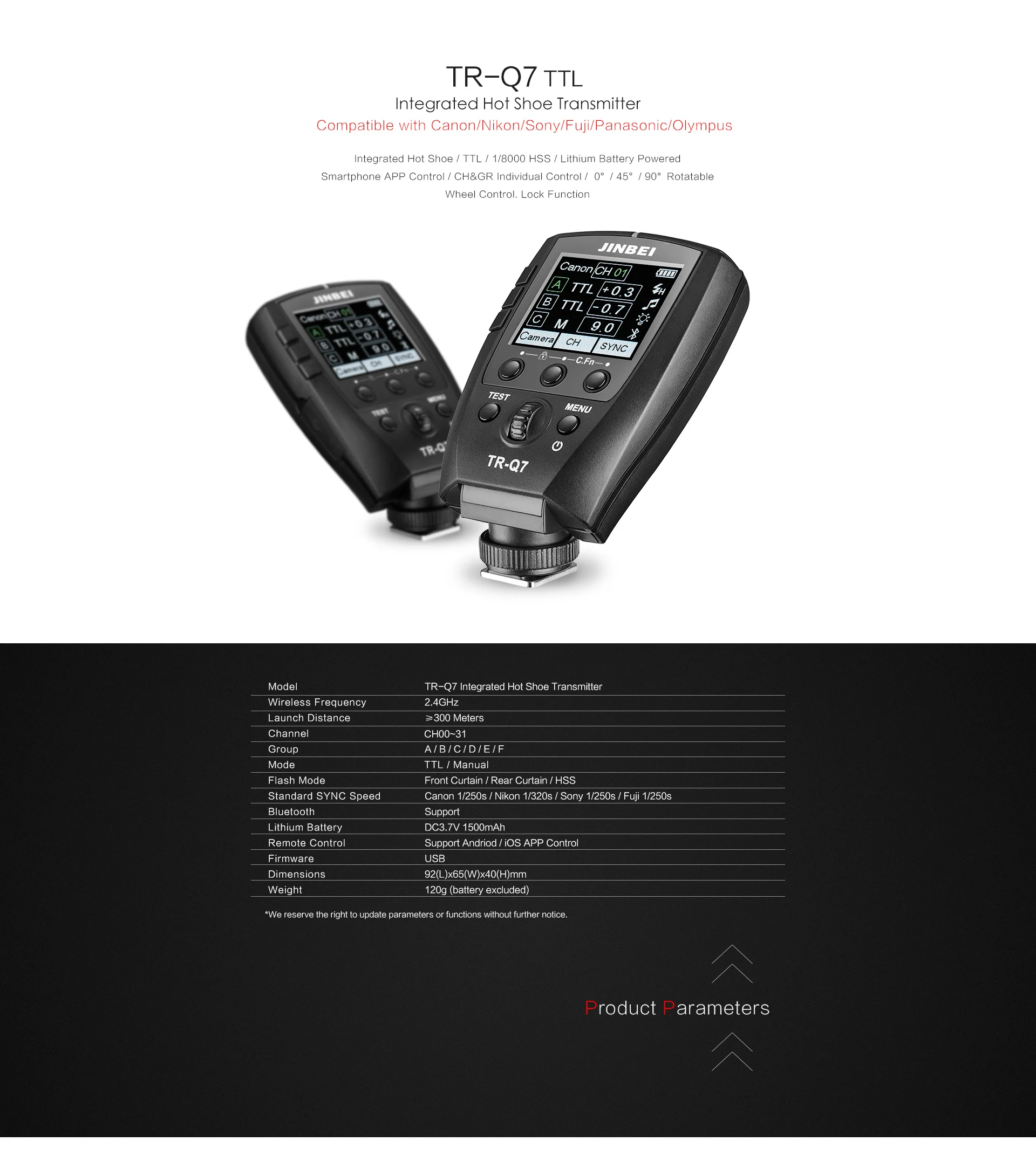 JINBEI TR-Q7 TTL HSS Wireless Integrated Hot Shoe Transmitter trigger For canon Nikon Olympus Cameras With Phone APP control