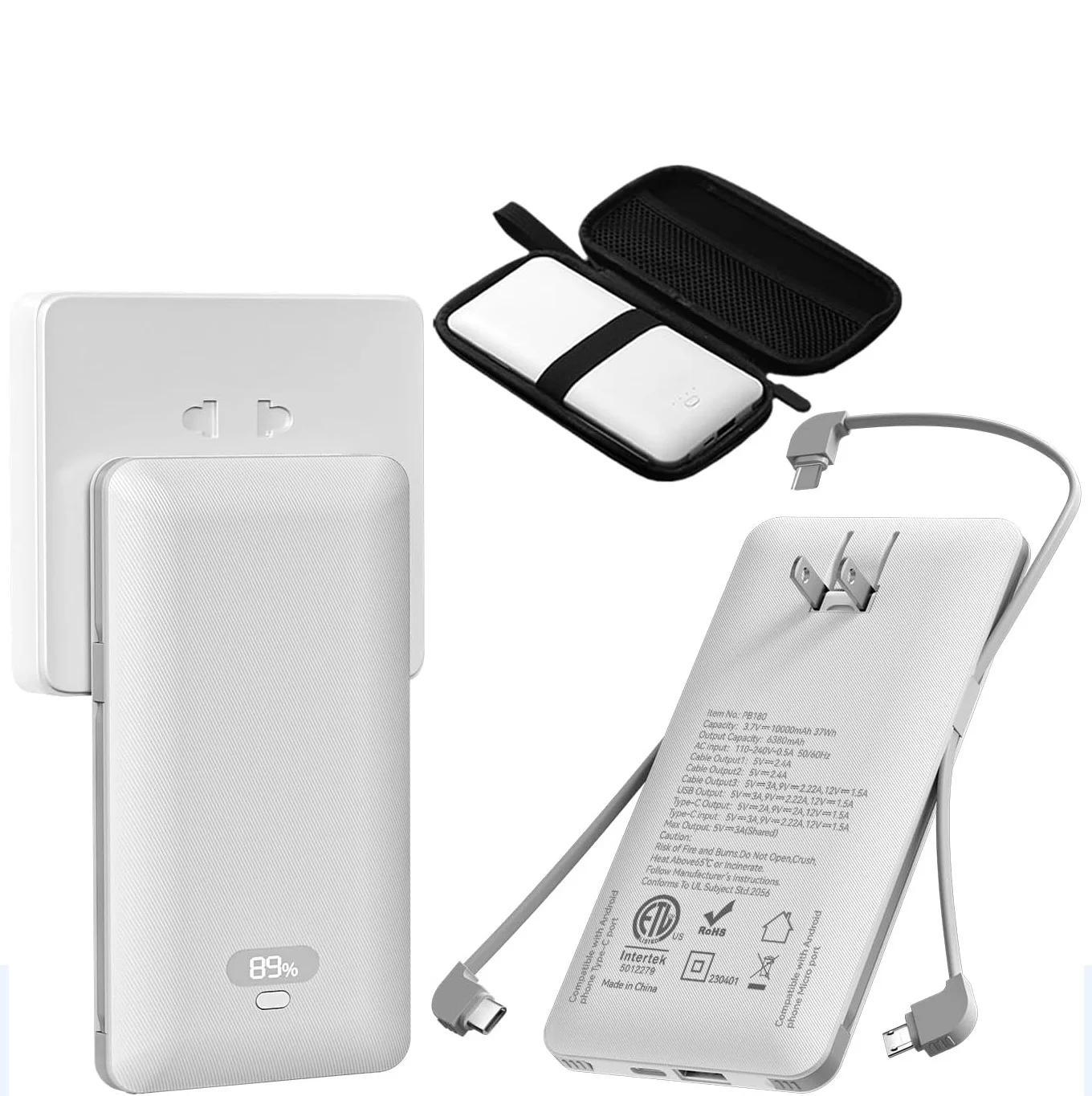 PD20W Power Bank 10000mAh Built-in 3 Cables & USB-A+C Ports, with AC Plug Portable Charger Digital Display Business Gift PB180P