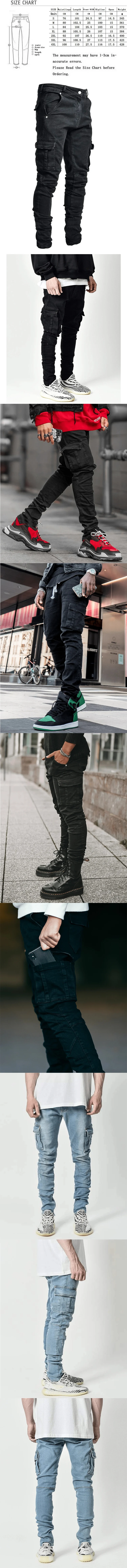 men casual cotton denim trousers multi pocket cargo jeans