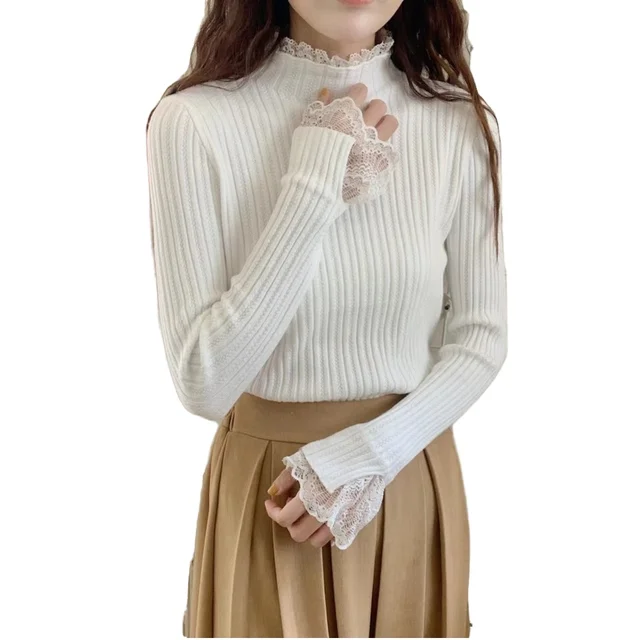 Women's High Collar Base Shirt Autumn-Winter Fashion Padded Thermal Underwear Viscose Lace Knit Turtleneck Style Ruched