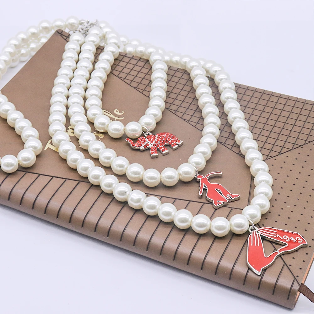 Sisterhood Delta Sigma Theta Inspired Red Elephant Fortitude Lady Triangle Hand Sign Charms Making Greek DST Pearl Necklace