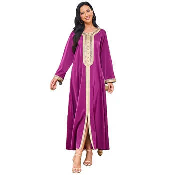 New Fashion Middle Eastern Muslim Dress Embroidered Lace Purple Red Long Robe Turkey Saudi Arabia Muslim Modest Dress