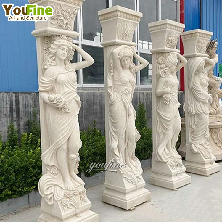 Large Home Decoration Hand Carved Marble Woman Figure Statue Pillar Column for Sale