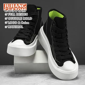 2026 New in High Top Canvas Shoes Men Flats Lace up Platform Shoes Cute Round Toe Thick Sole White Couple Shoes Male Zapatillas