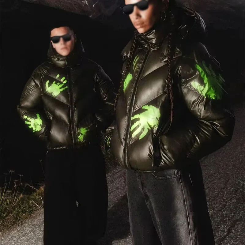 Custom Thermochromic Ink Print Streetwear Crop Vintage Heavyweight Winter Hooded Windproof Color Change Down Puffer Jacket Coat gallery 3