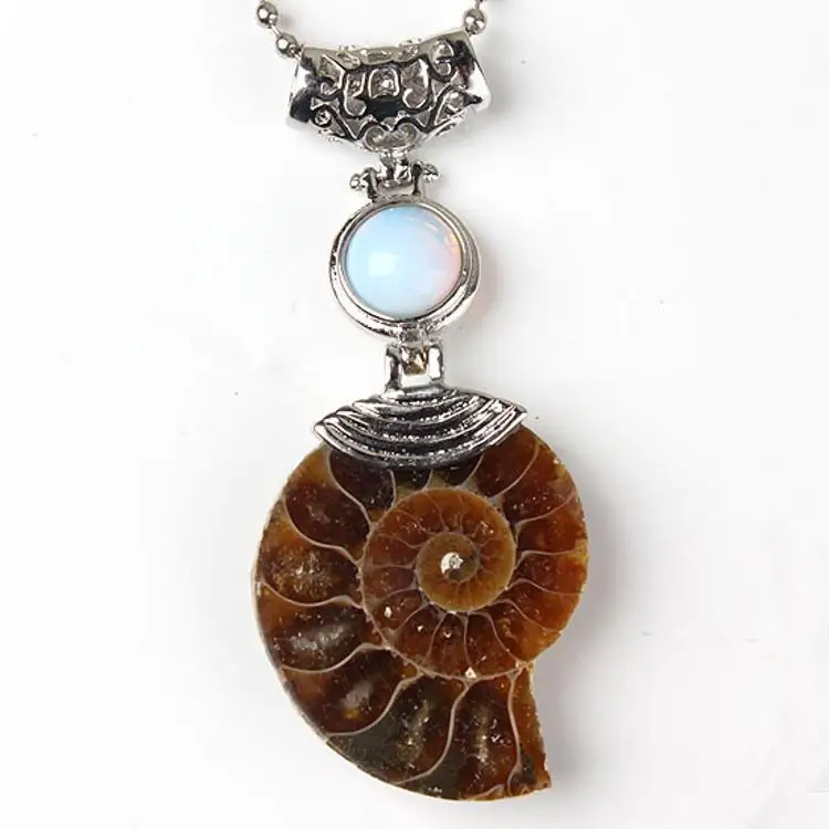 DIY Natural Ammonite Pendant Conch Shell Black Obsidian Pendant for Crystal Necklace Jewelry