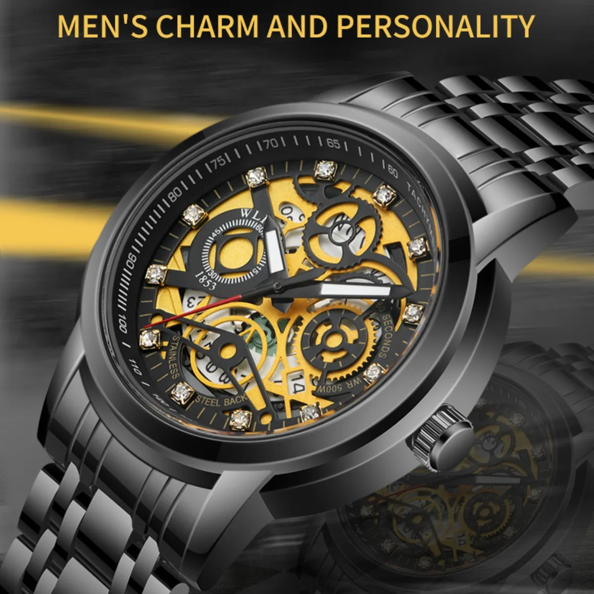 Wlisth S518 Quartz Auto Date Display Luminous Hands Diamonds Skeleton Style Men Pointer Analog Watches Original Wristwatches