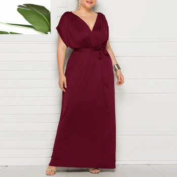Europe and the United States Foreign Trade Plus-size Women's Dress Amazon Wish New Sexy Solid Color V-neck Loose Swing Dress