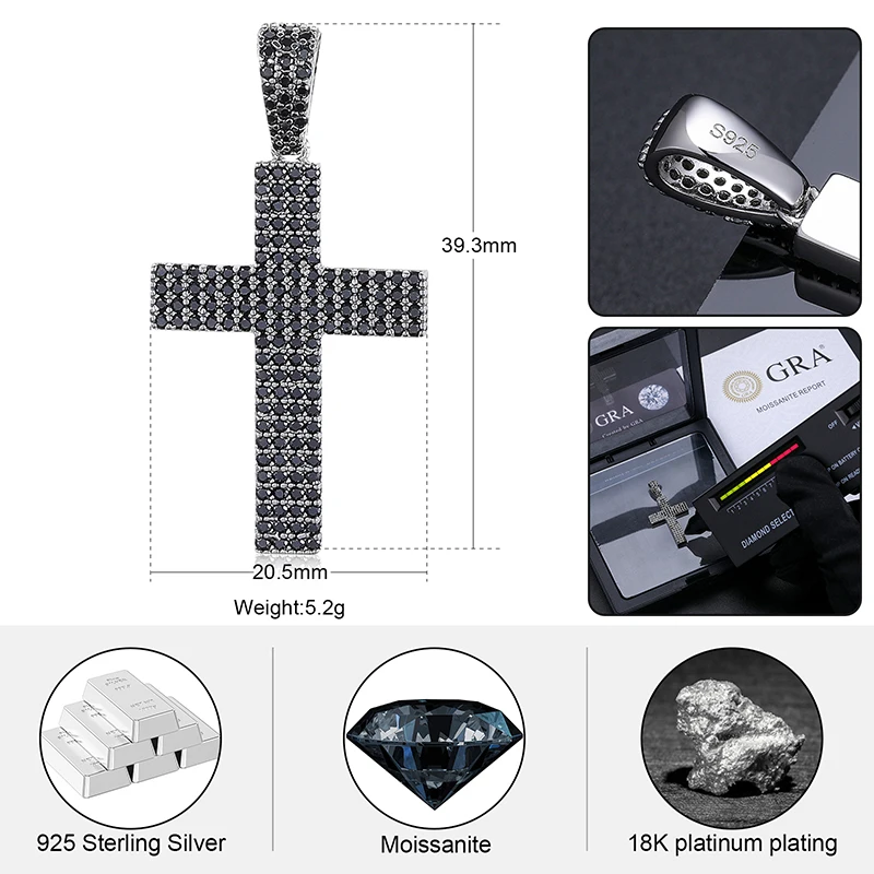 Full Black Vvs Moissanite Diamond Iced Out Cross Pendant 925 Sterling