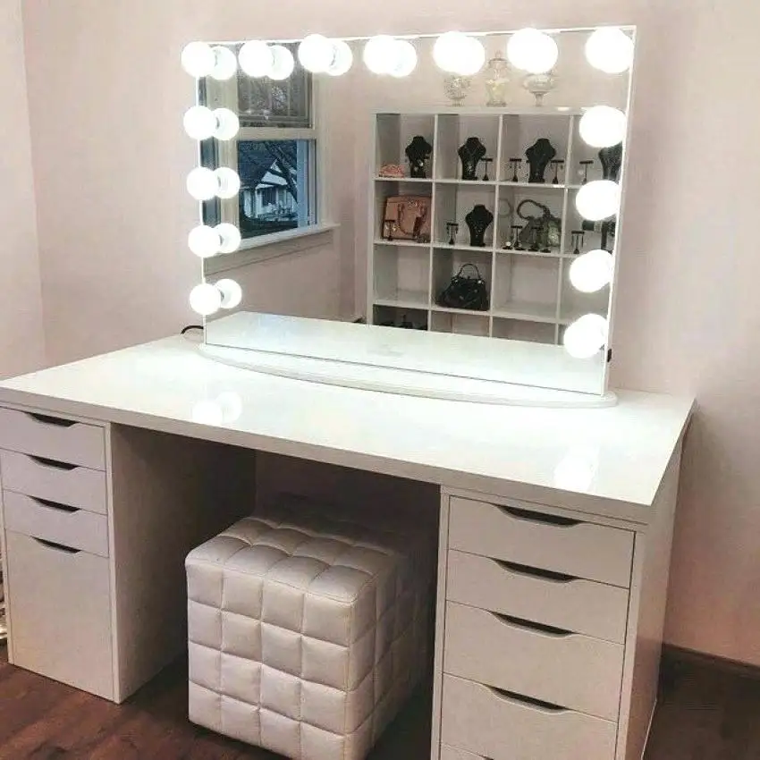 Dressing Table Phoenix Home New Custom White Women's Mirror Dressing Table with LED Light Luxury Furniture Bedroom Dresser